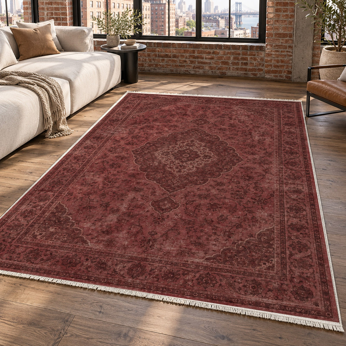 Kashan Veil Burgundy Red Vintage Washable Rug — new york living