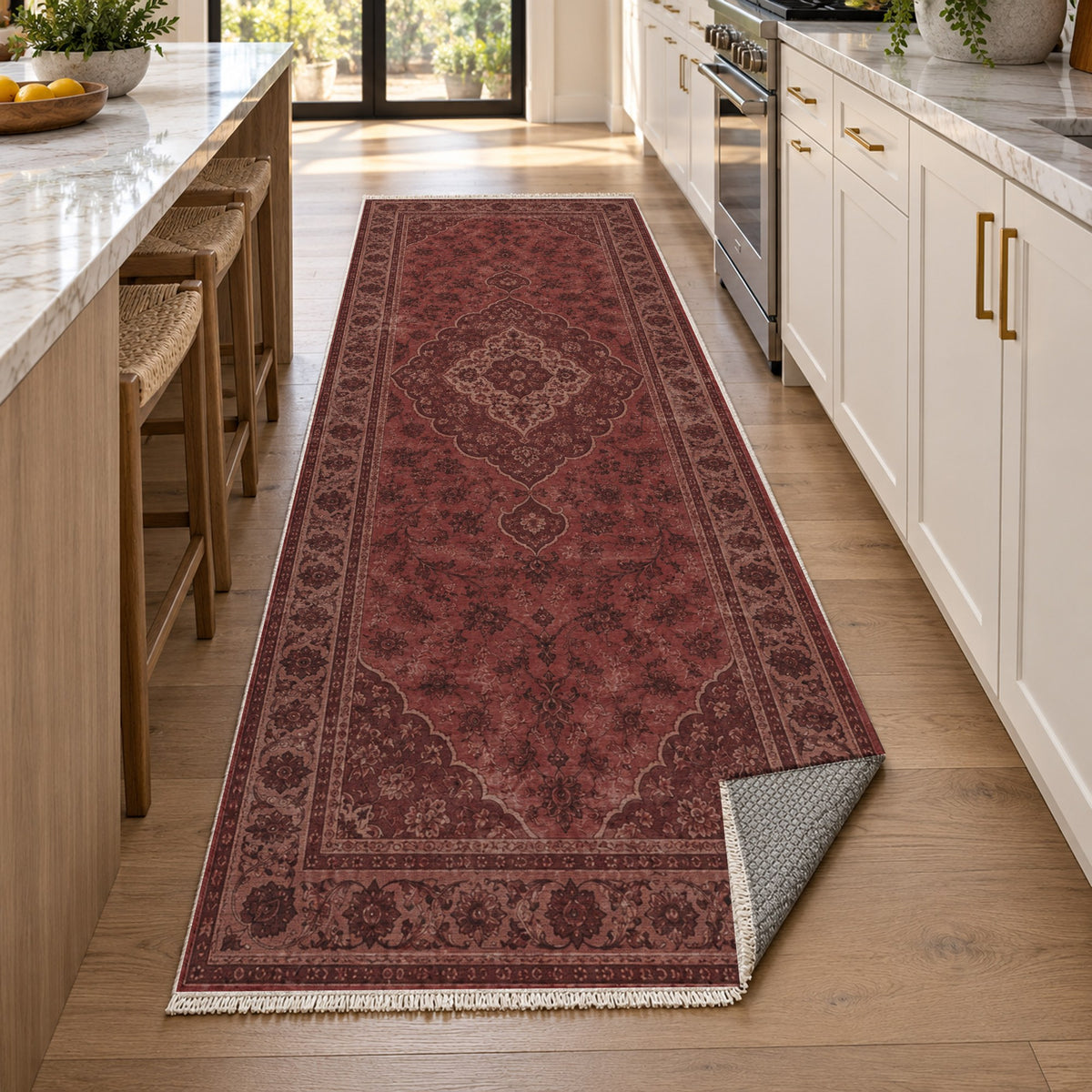 Kashan Veil Burgundy Red Vintage Washable Rug — new york kitchen runner