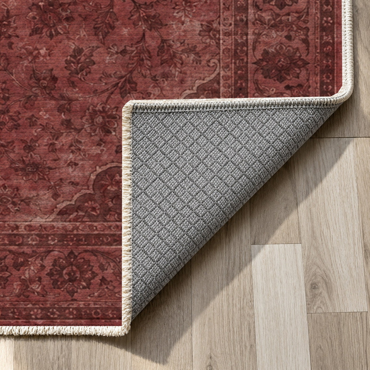 Kashan Veil Burgundy Red Vintage Washable Rug — backing close up