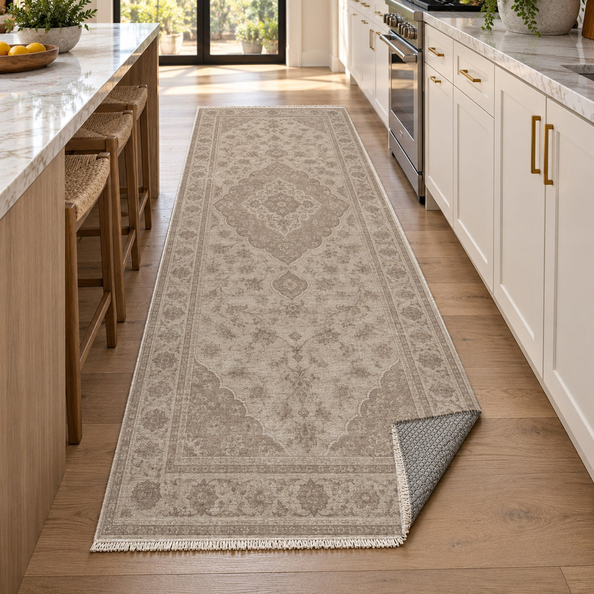 Kashan Veil Ivory Taupe Vintage Washable Rug — new york kitchen runner