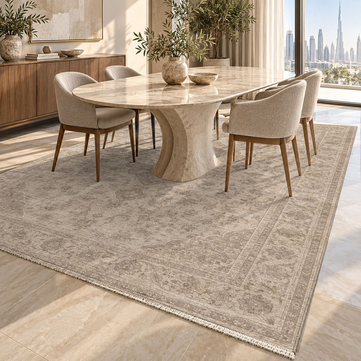Kashan Veil Ivory Taupe Vintage Washable Rug — dubai dining