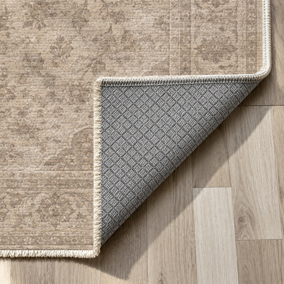 Kashan Veil Ivory Taupe Vintage Washable Rug — backing close up
