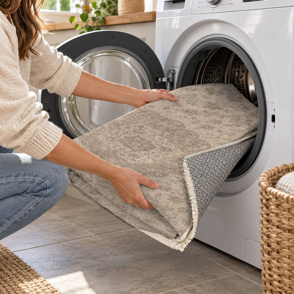 Kashan Veil Ivory Taupe Vintage Washable Rug — washing machine