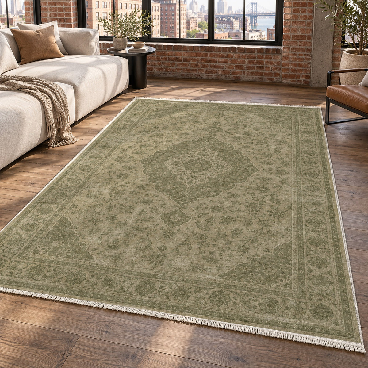 Kashan Veil Olive Green Vintage Washable Rug — new york living