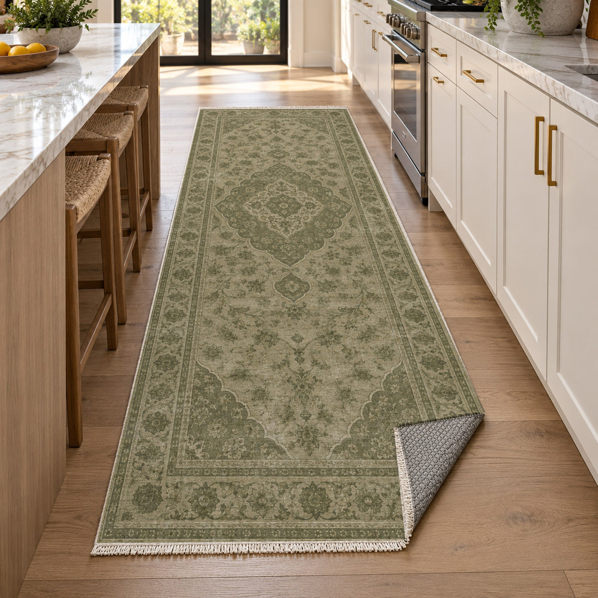 Kashan Veil Olive Green Vintage Washable Rug — new york kitchen runner