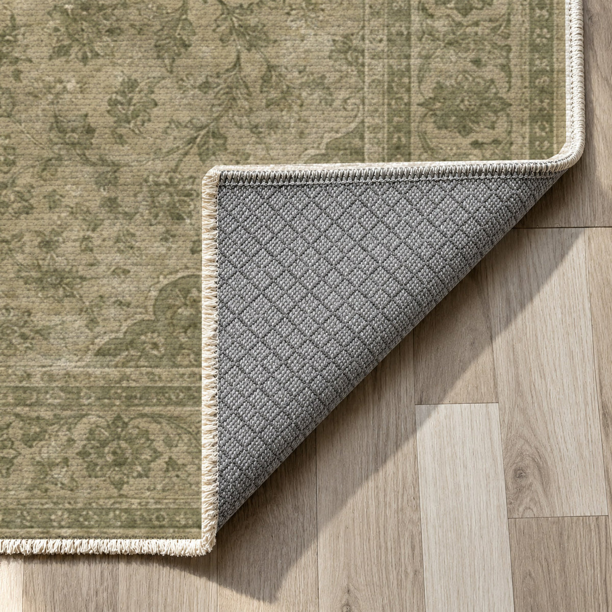 Kashan Veil Olive Green Vintage Washable Rug — backing close up