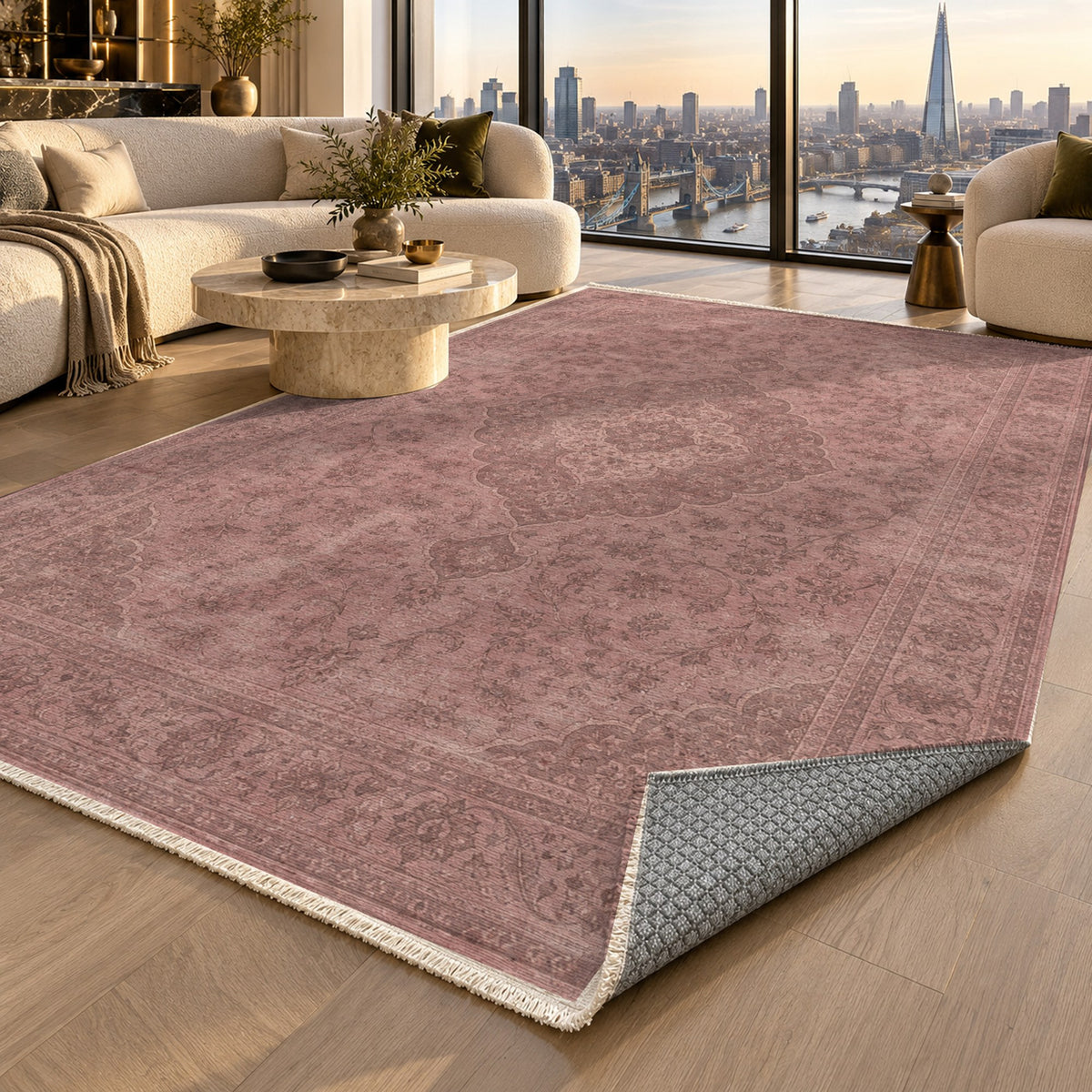 Kashan Veil Rose Pink Vintage Washable Rug — london luxury living
