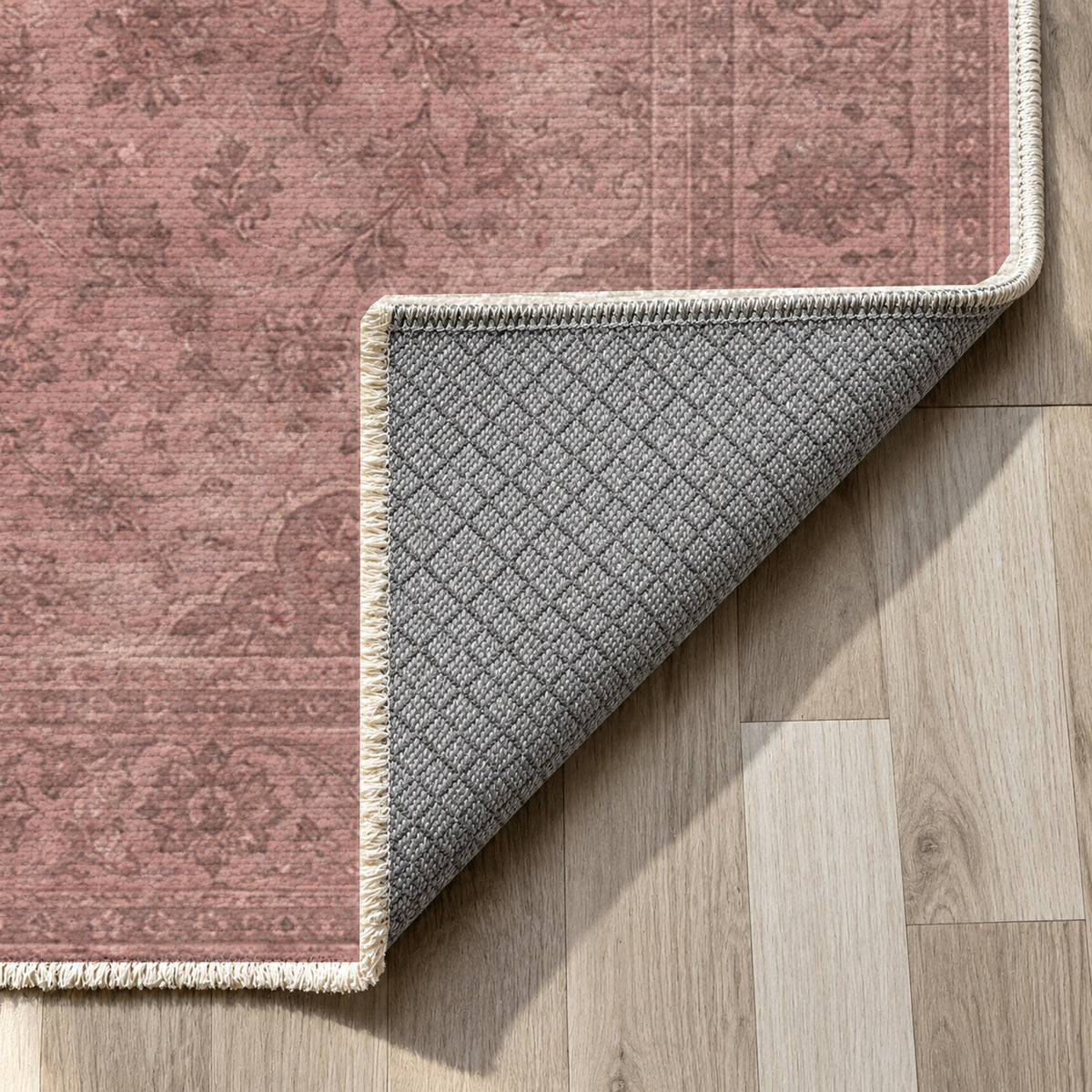 Kashan Veil Rose Pink Vintage Washable Rug — backing close up