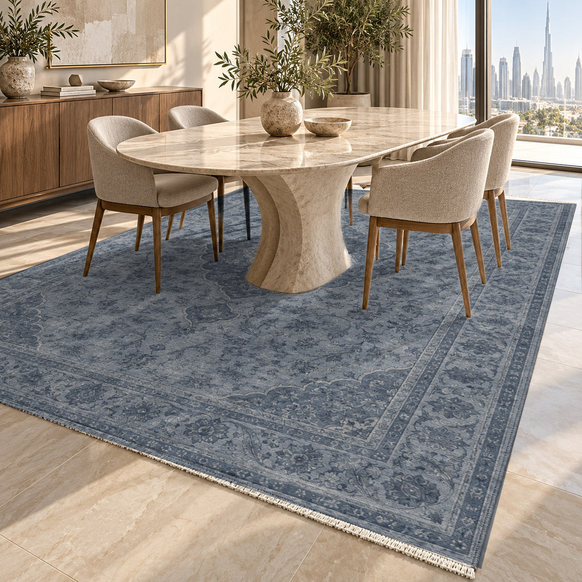 Kashan Veil Slate Blue Vintage Washable Rug — dubai dining