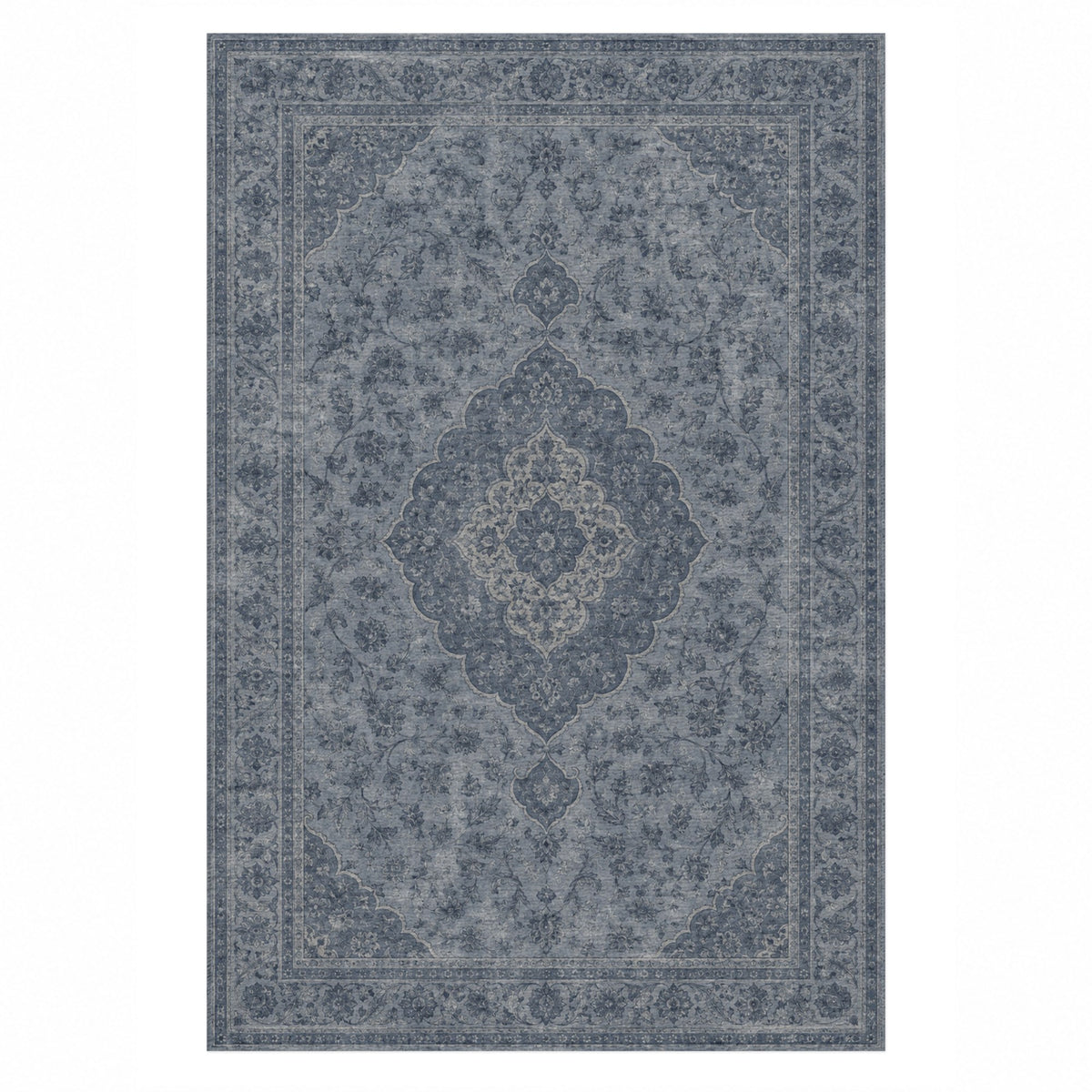 Kashan Veil Slate Blue Vintage Washable Rug — top view