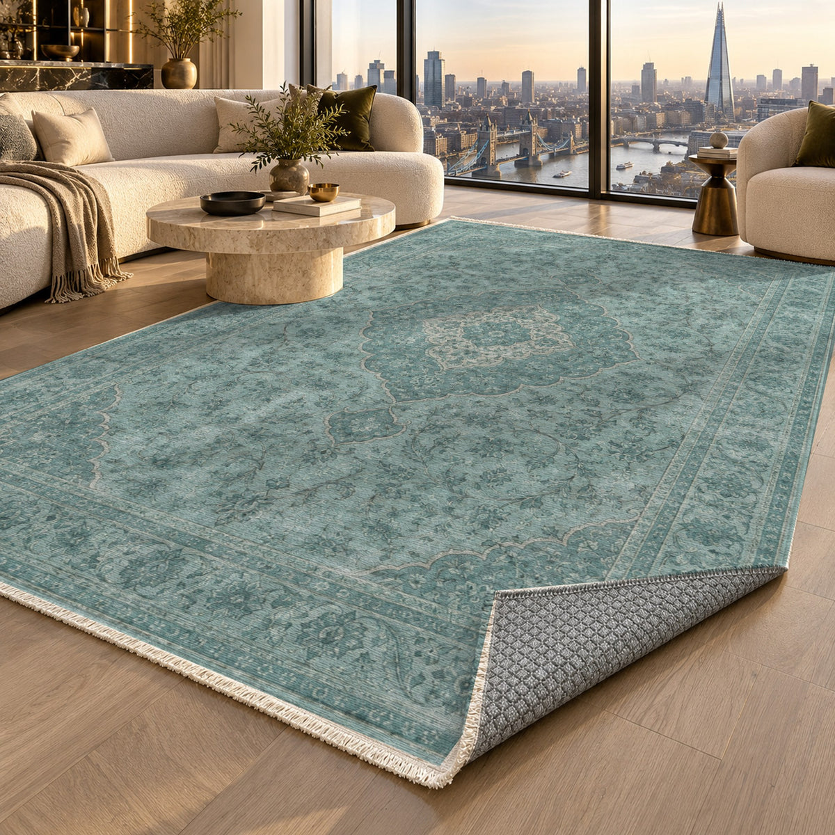 Kashan Veil Turquoise Blue Vintage Washable Rug — london luxury living
