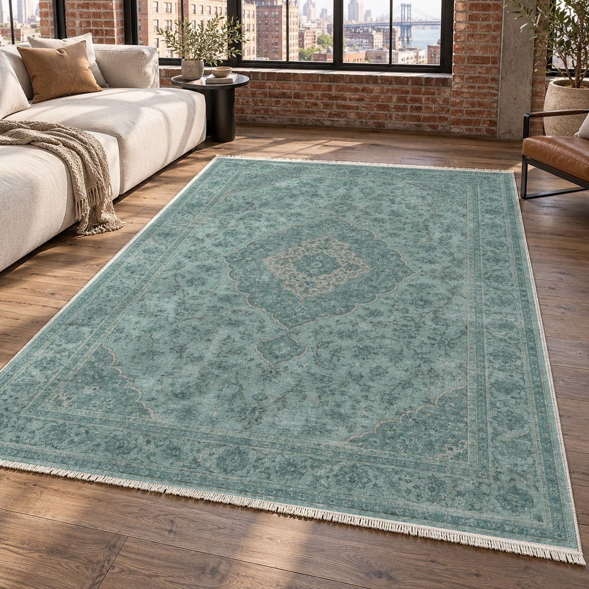 Kashan Veil Turquoise Blue Vintage Washable Rug — new york living