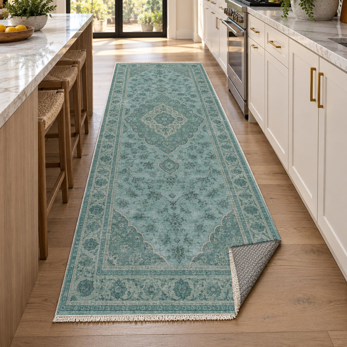 Kashan Veil Turquoise Blue Vintage Washable Rug — new york kitchen runner