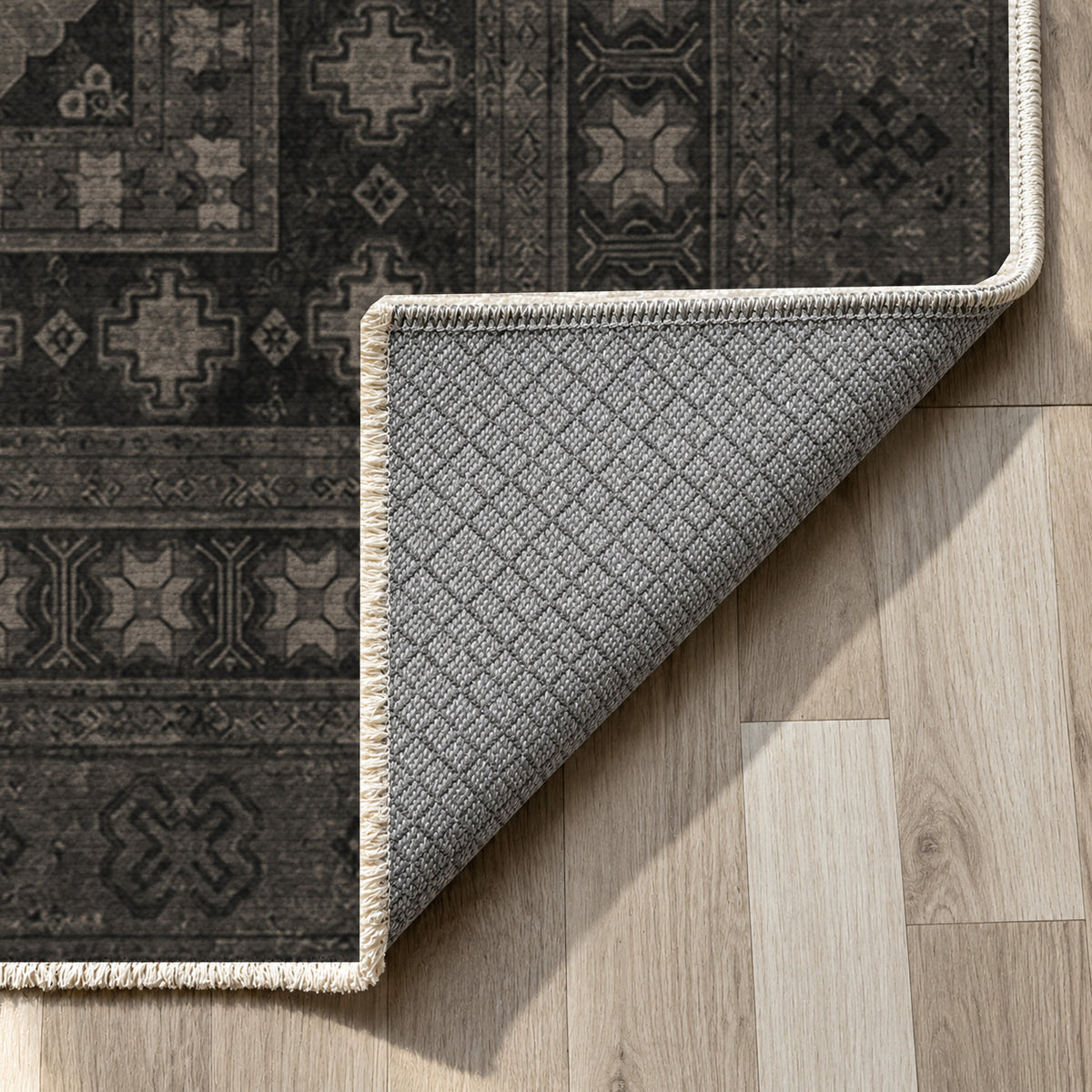 Kayseri Charcoal Classic Washable Rug — backing close up