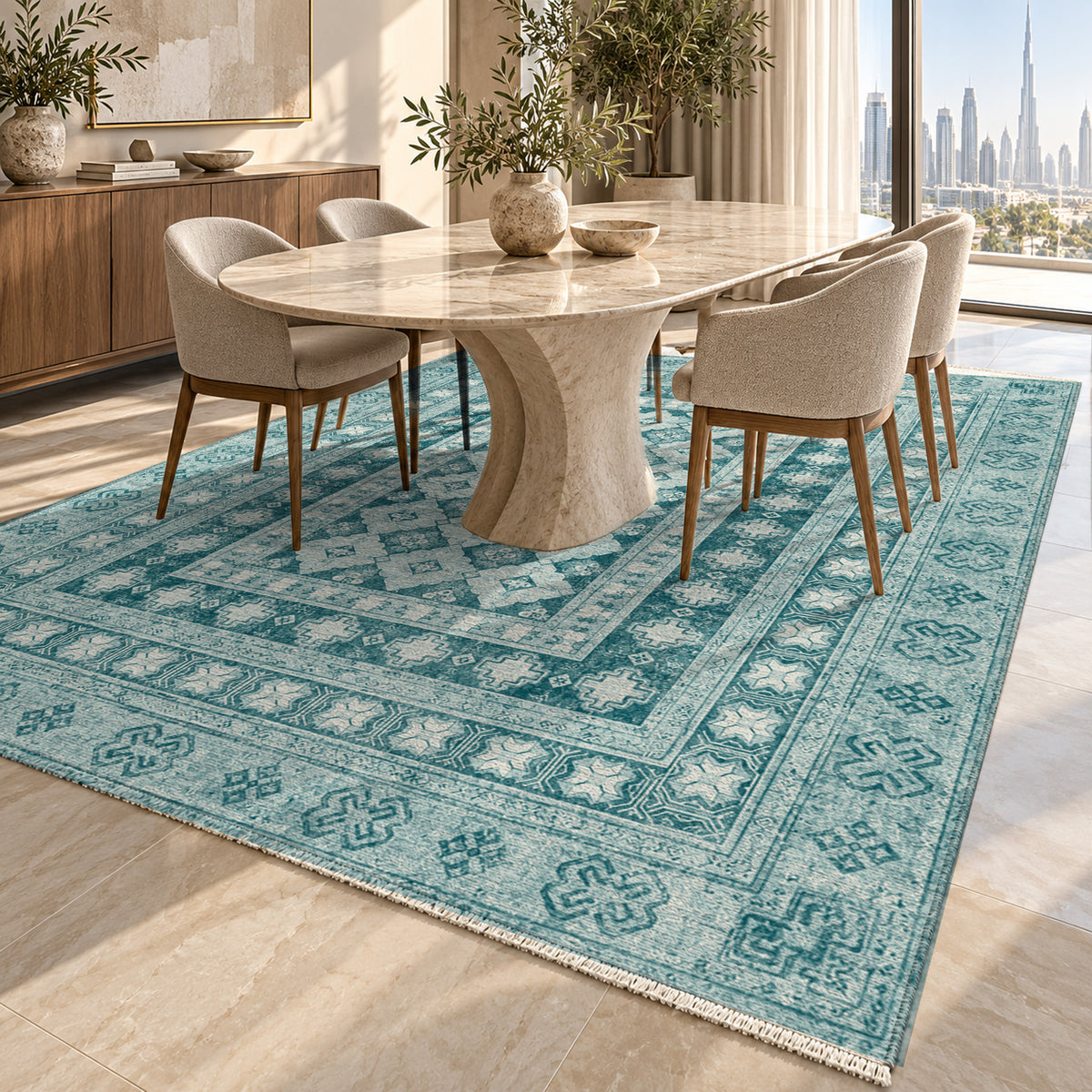 Kayseri Teal Classic Washable Rug — dubai dining