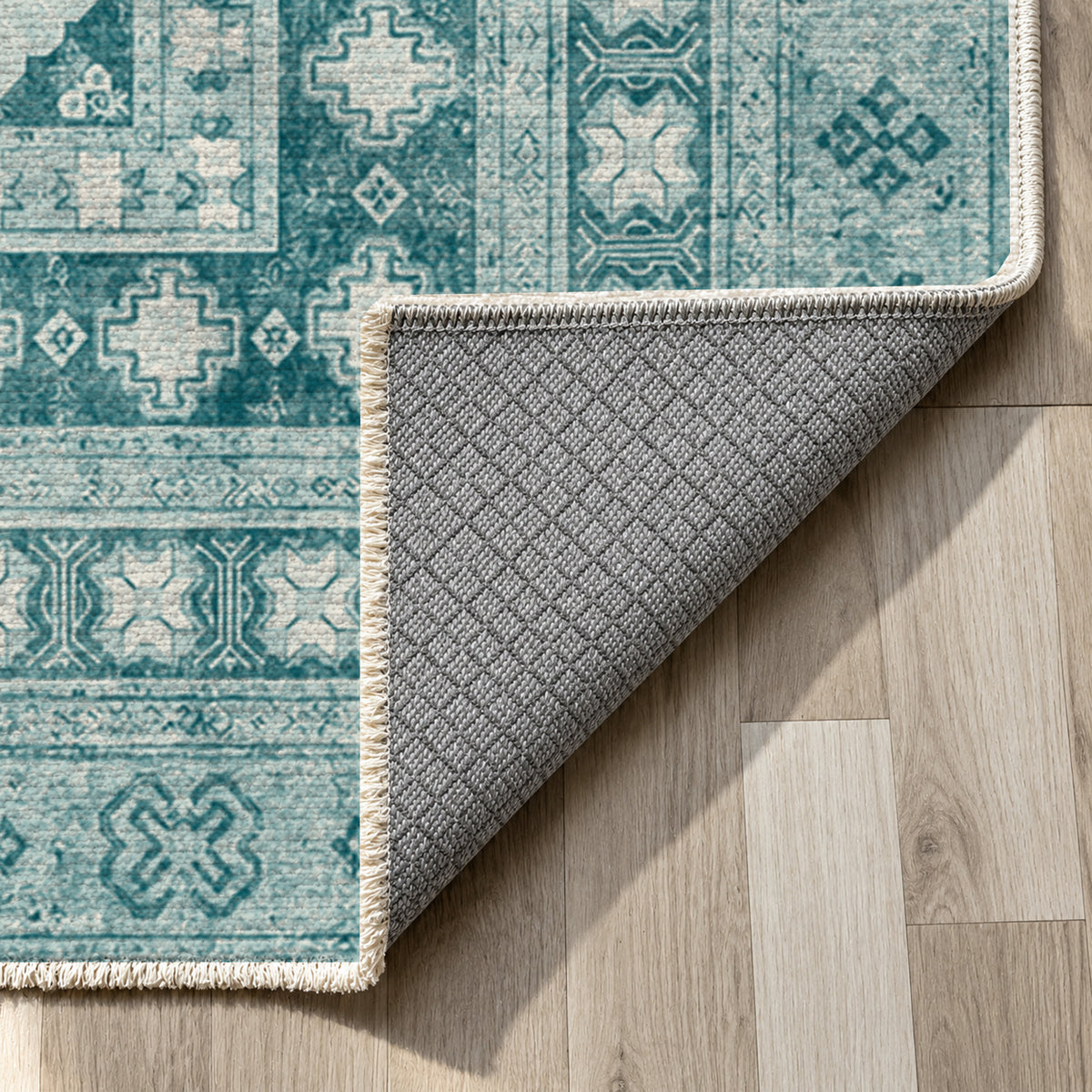 Kayseri Teal Classic Washable Rug — backing close up