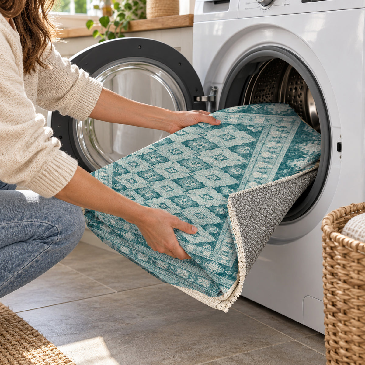 Kayseri Teal Classic Washable Rug — washing machine
