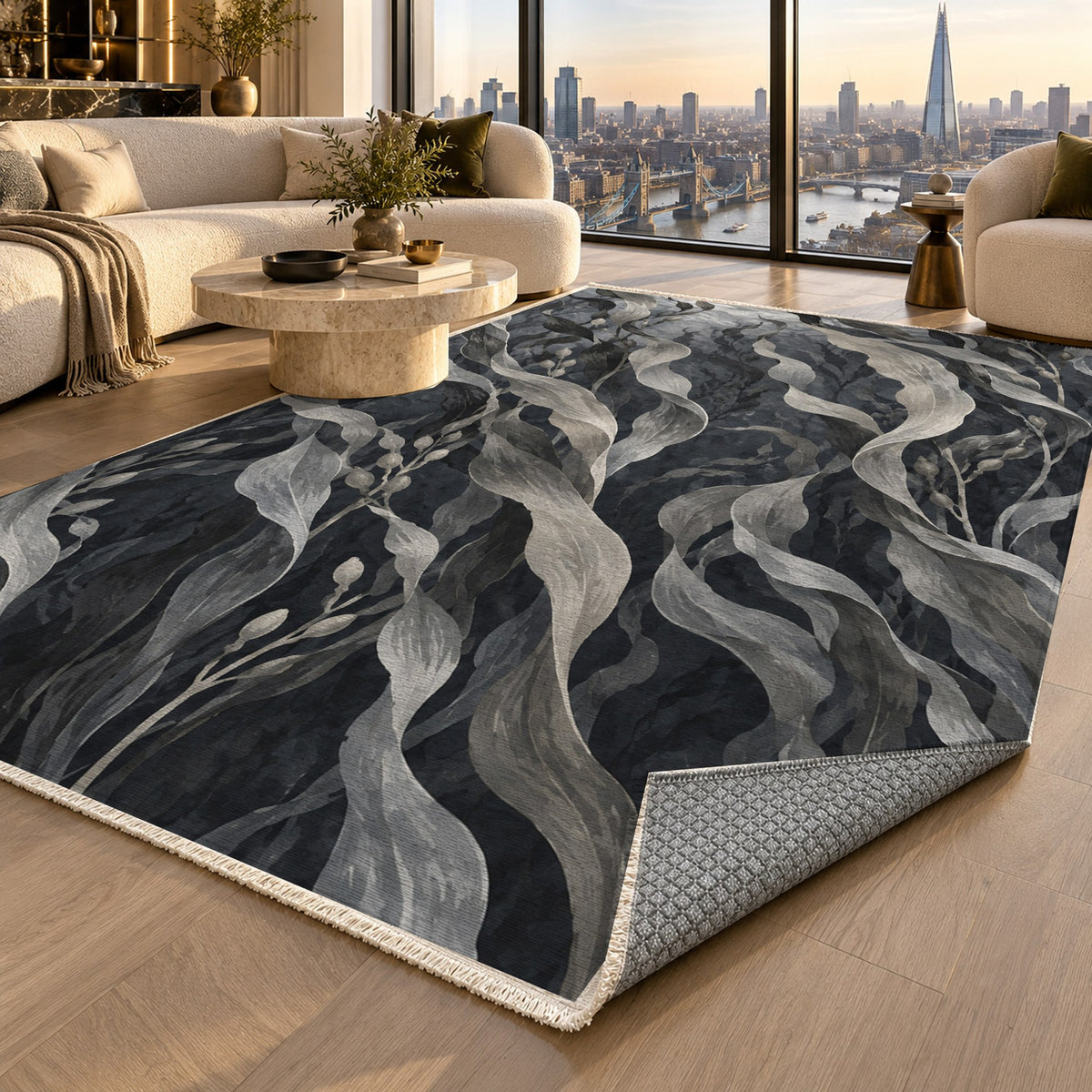Kelp Forest Charcoal Abstract Washable Rug — london luxury living