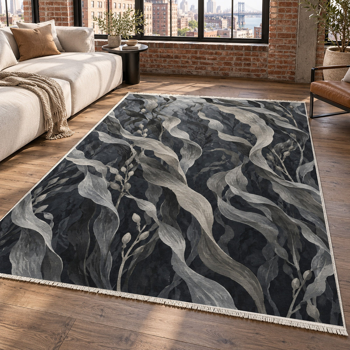 Kelp Forest Charcoal Abstract Washable Rug — new york living