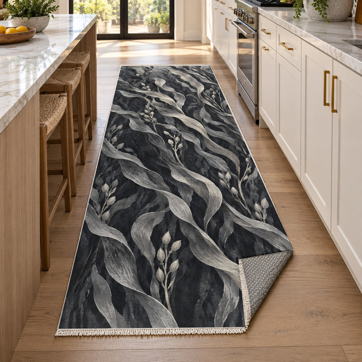 Kelp Forest Charcoal Abstract Washable Rug — new york kitchen runner