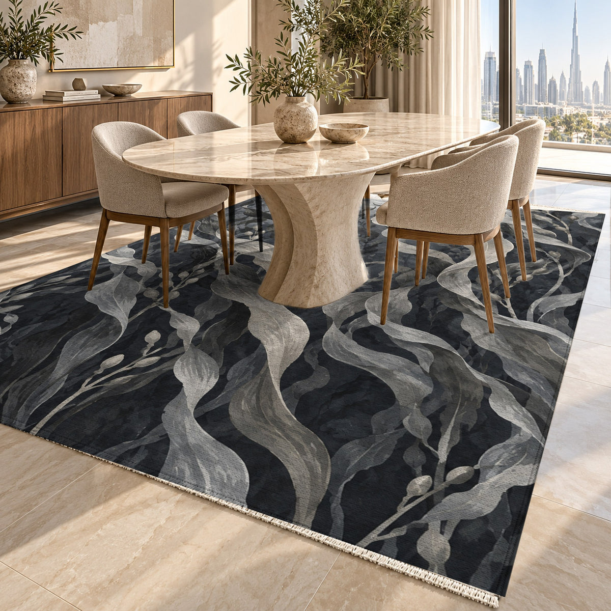 Kelp Forest Charcoal Abstract Washable Rug — dubai dining