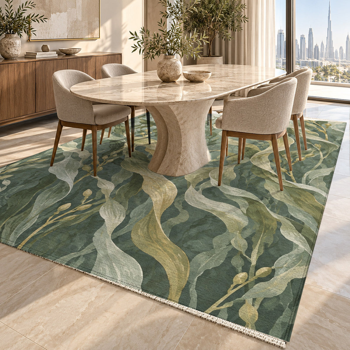 Kelp Forest Sage Abstract Washable Rug — dubai dining