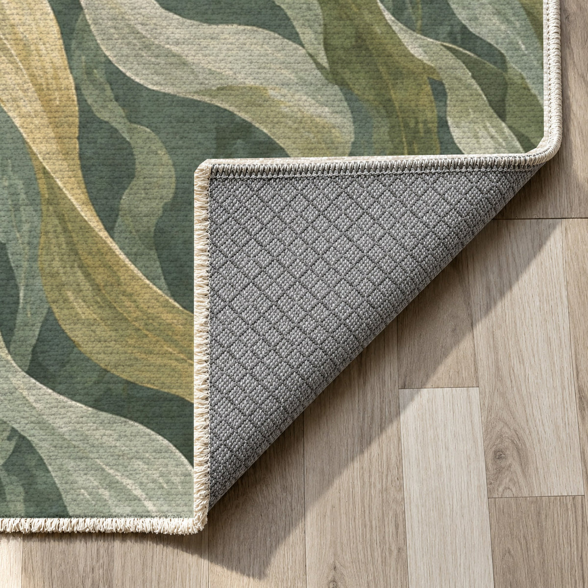 Kelp Forest Sage Abstract Washable Rug — backing close up