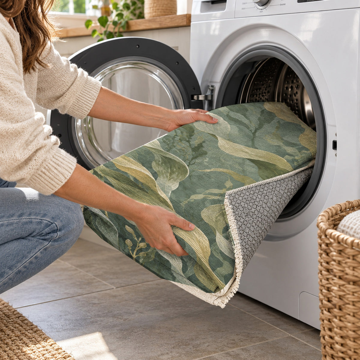 Kelp Forest Sage Abstract Washable Rug — washing machine