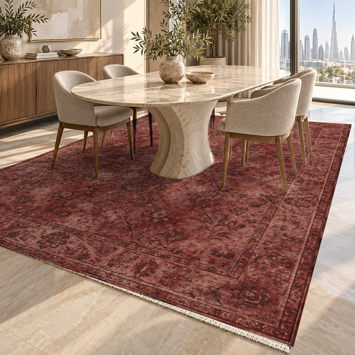 Kerman Cloud Burgundy Red Vintage Washable Rug — dubai dining
