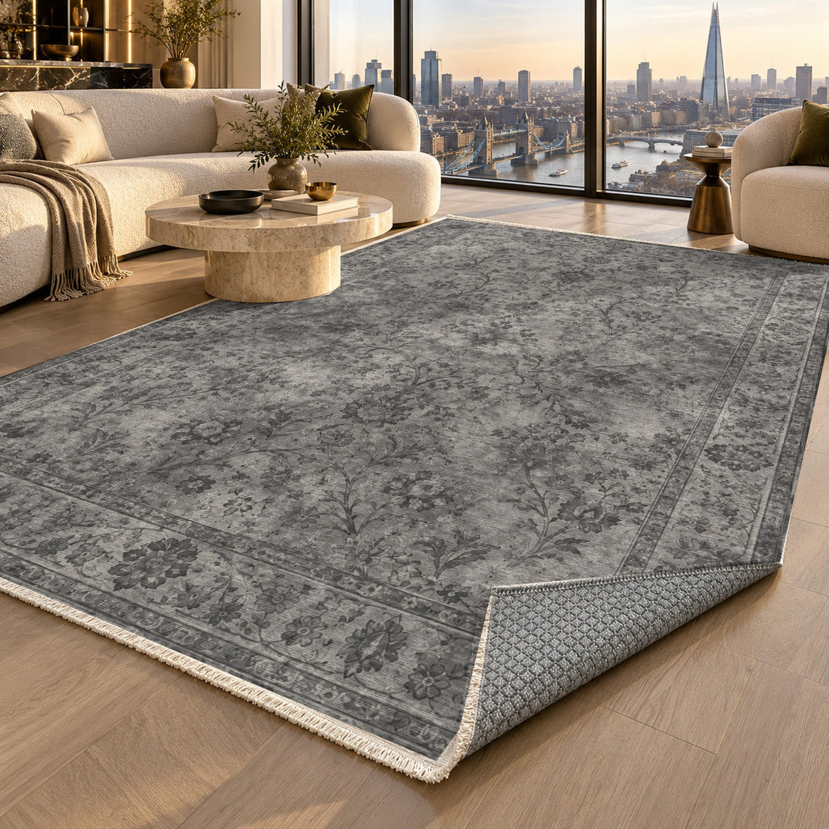 Kerman Cloud Charcoal Silver Vintage Washable Rug — london luxury living