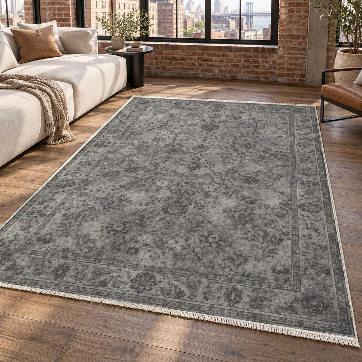 Kerman Cloud Charcoal Silver Vintage Washable Rug — new york living