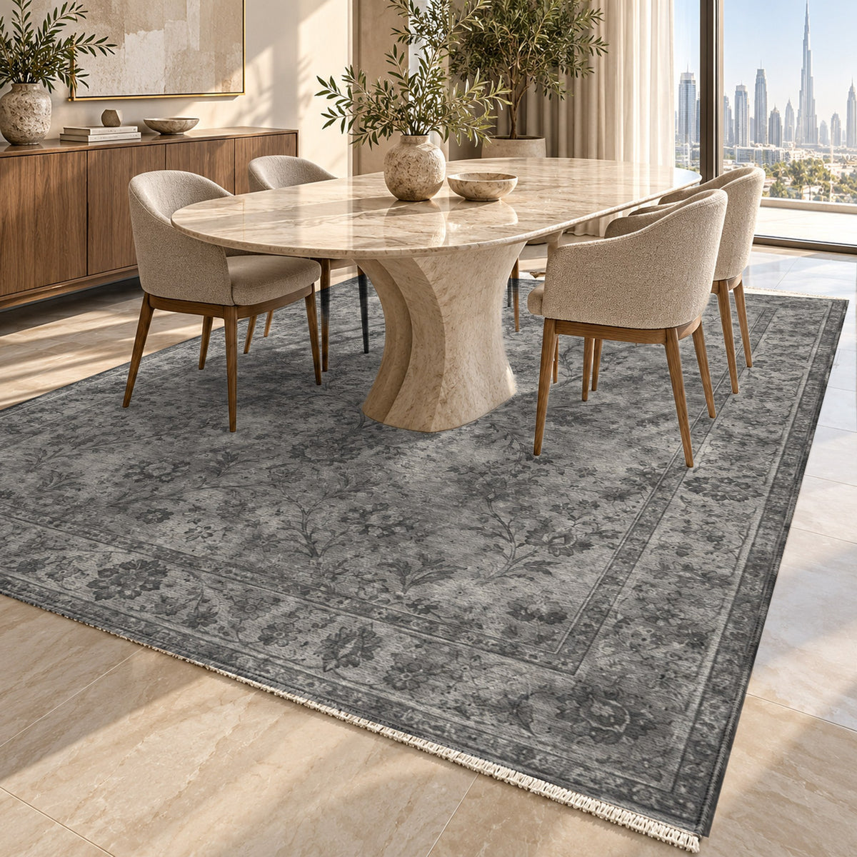 Kerman Cloud Charcoal Silver Vintage Washable Rug — dubai dining