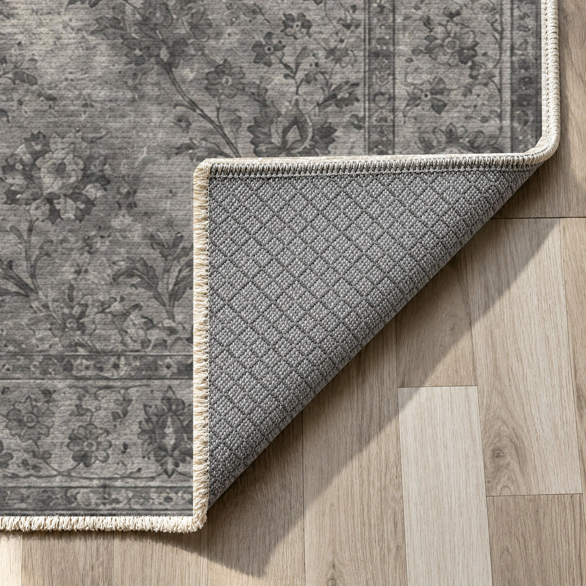 Kerman Cloud Charcoal Silver Vintage Washable Rug — backing close up