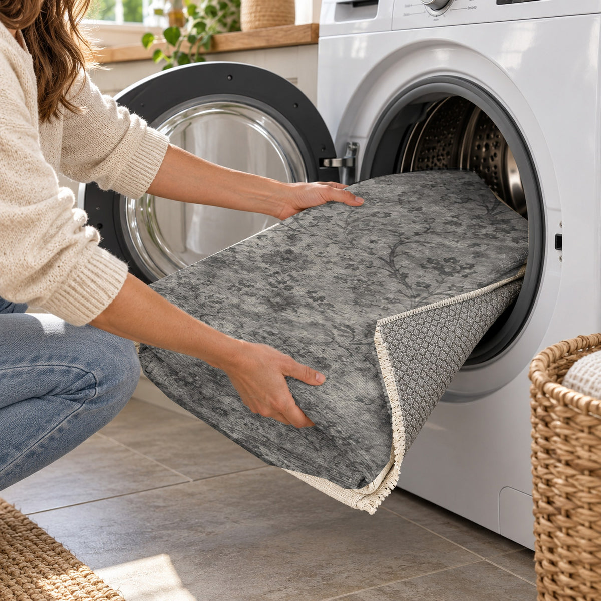 Kerman Cloud Charcoal Silver Vintage Washable Rug — washing machine