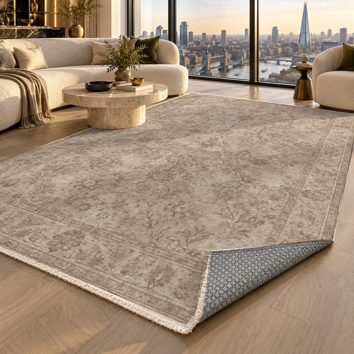 Kerman Cloud Ivory Taupe Vintage Washable Rug — london luxury living