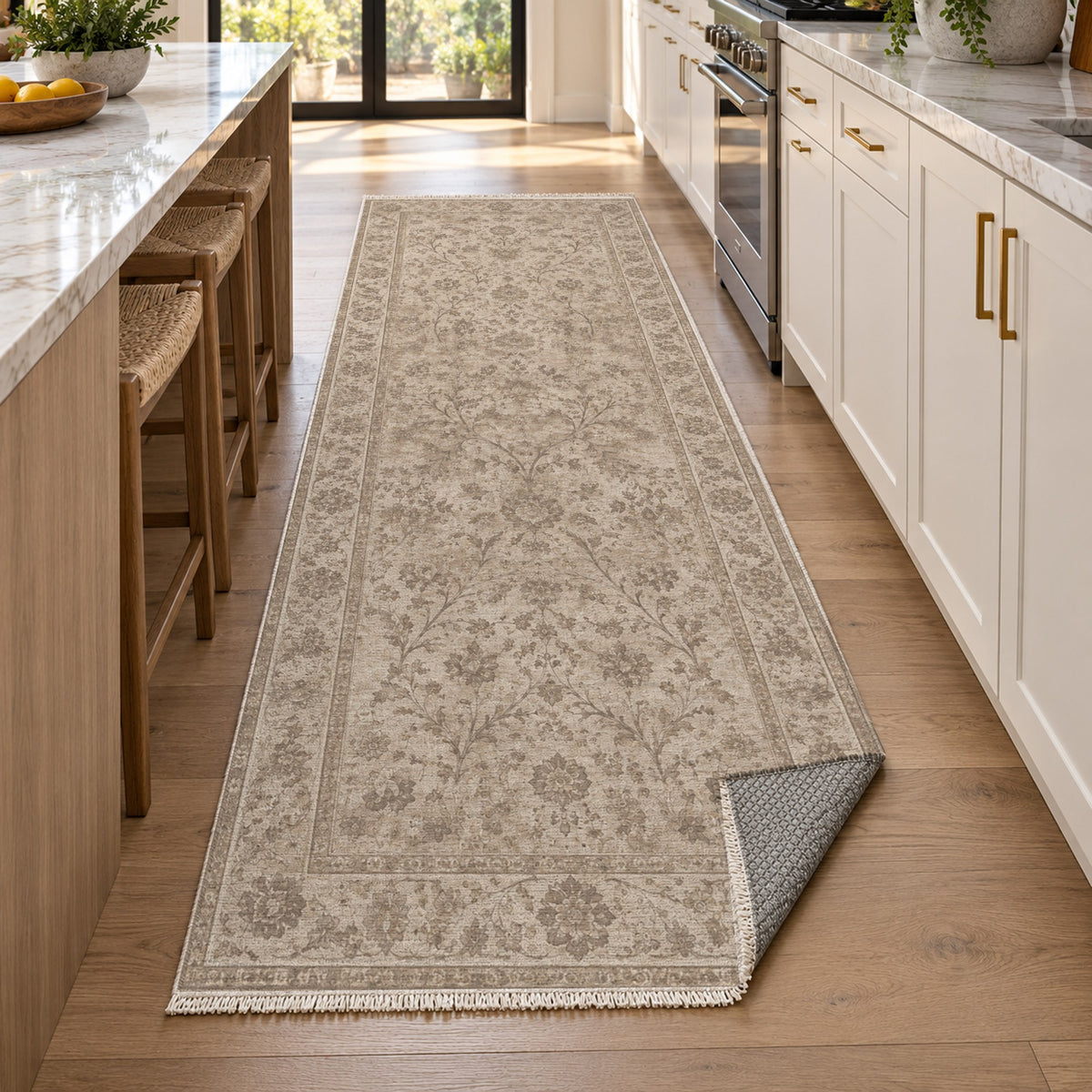Kerman Cloud Ivory Taupe Vintage Washable Rug — new york kitchen runner
