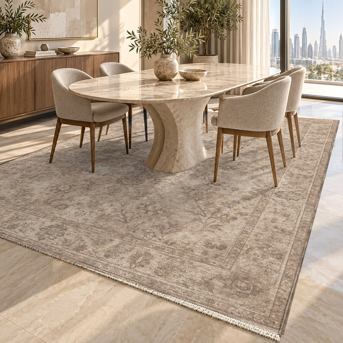 Kerman Cloud Ivory Taupe Vintage Washable Rug — dubai dining