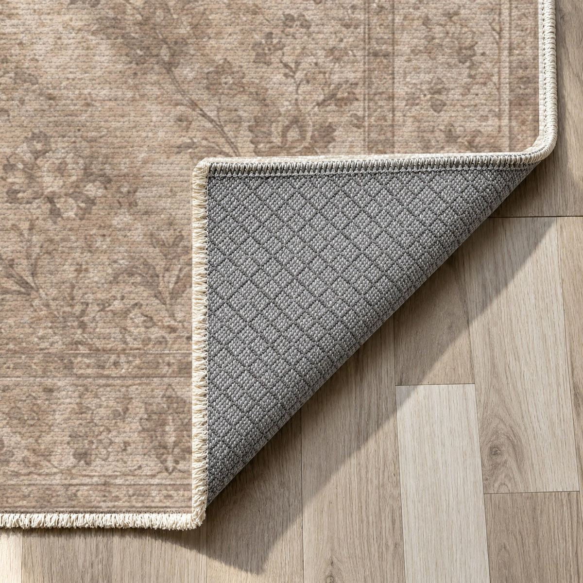 Kerman Cloud Ivory Taupe Vintage Washable Rug — backing close up