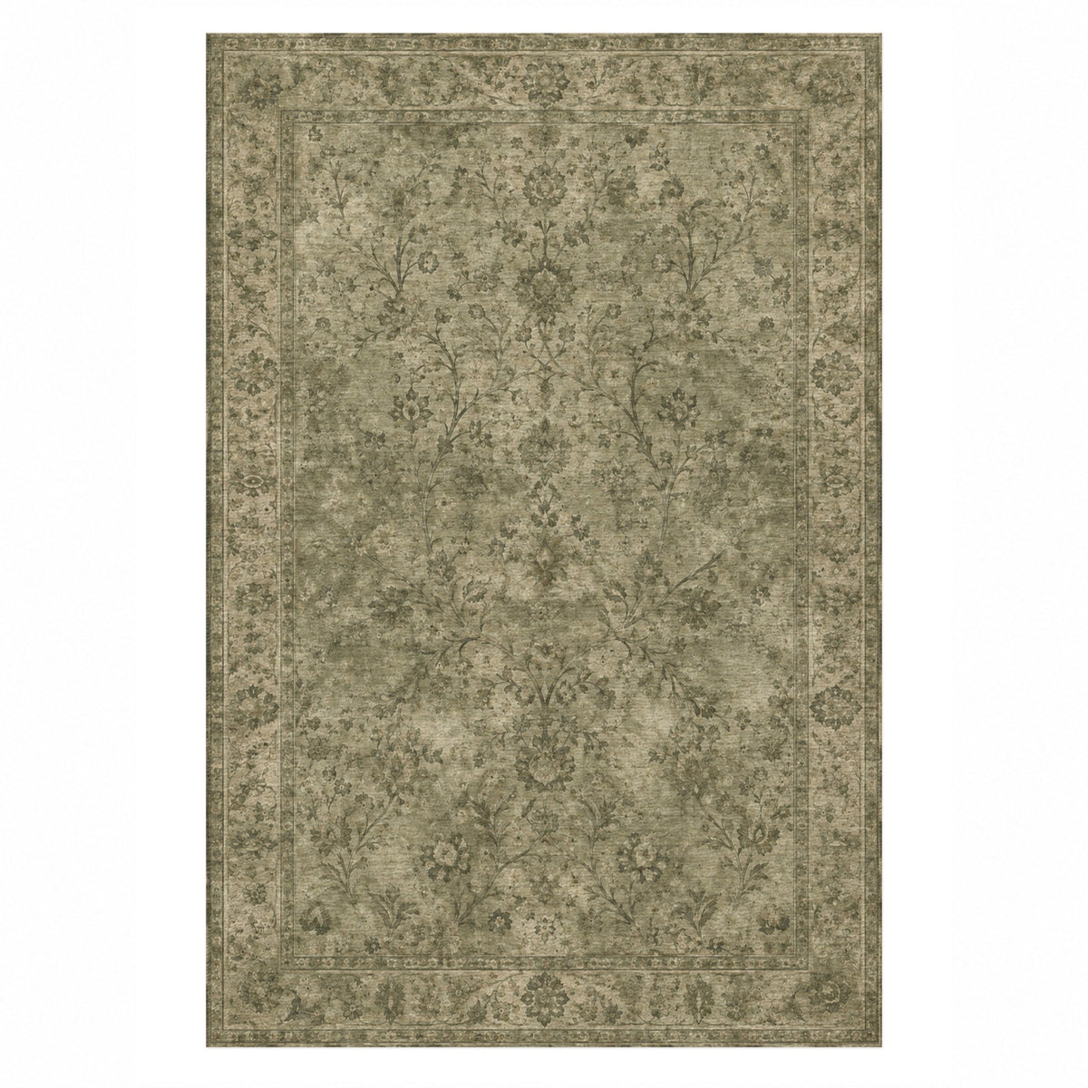 Kerman Cloud Olive Green Vintage Washable Rug — top view