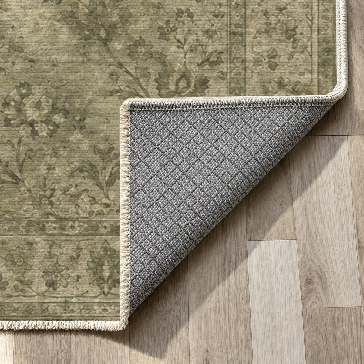 Kerman Cloud Olive Green Vintage Washable Rug — backing close up