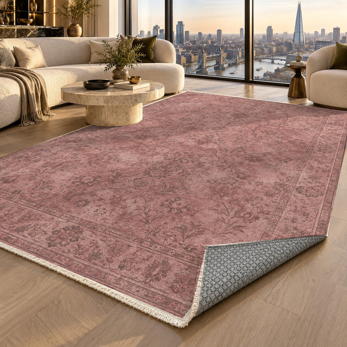 Kerman Cloud Rose Pink Vintage Washable Rug — london luxury living