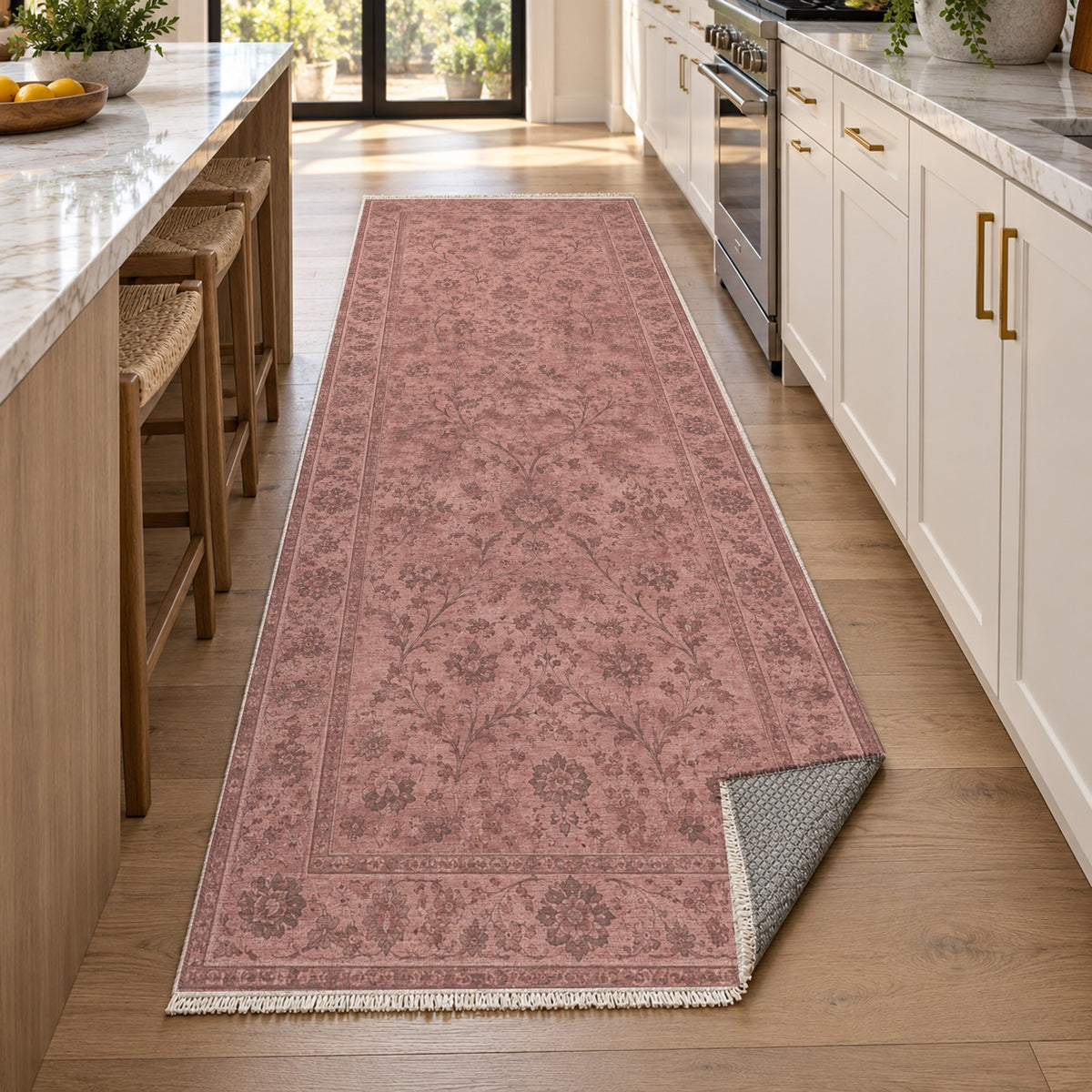 Kerman Cloud Rose Pink Vintage Washable Rug — new york kitchen runner