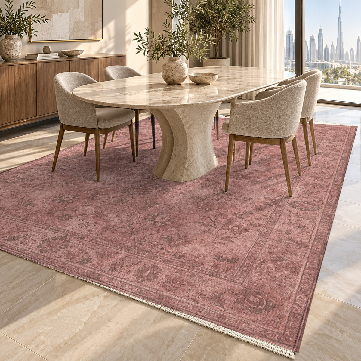 Kerman Cloud Rose Pink Vintage Washable Rug — dubai dining