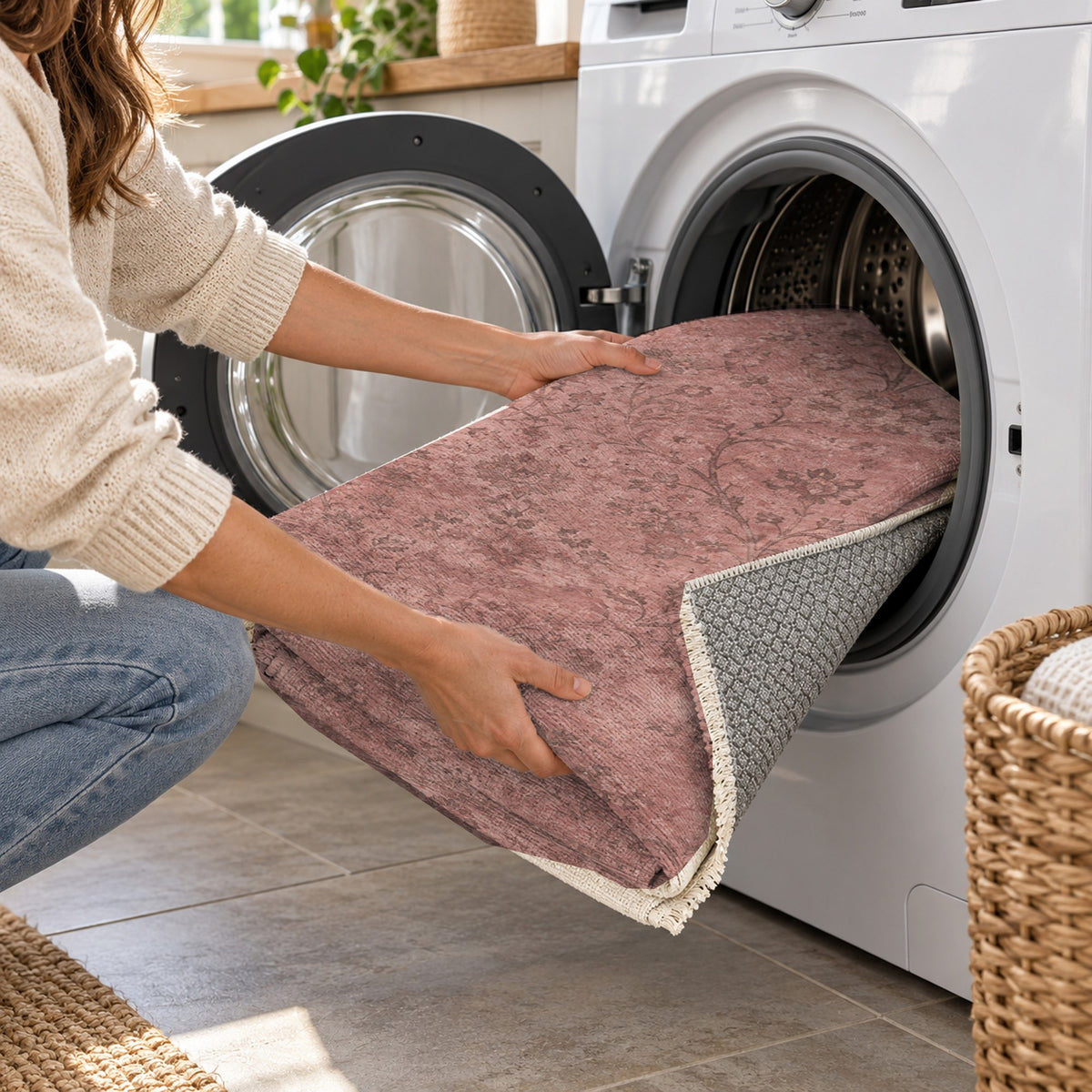 Kerman Cloud Rose Pink Vintage Washable Rug — washing machine