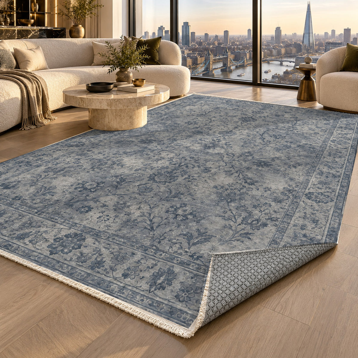Kerman Cloud Slate Blue Vintage Washable Rug — london luxury living