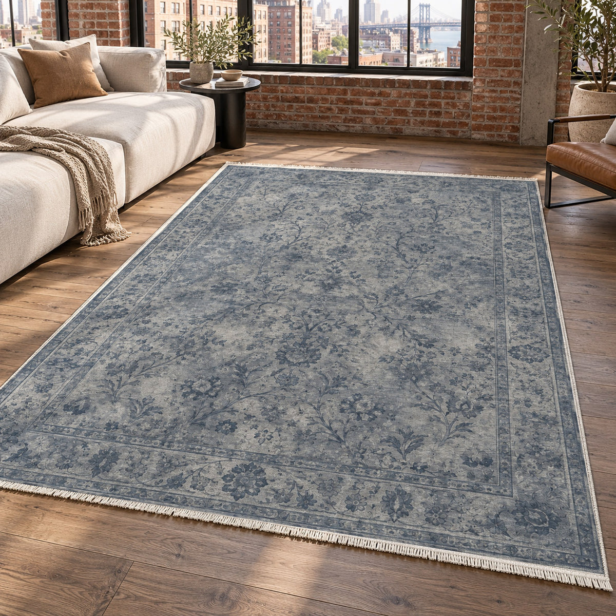 Kerman Cloud Slate Blue Vintage Washable Rug — new york living
