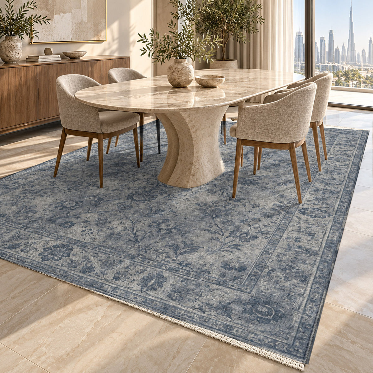 Kerman Cloud Slate Blue Vintage Washable Rug — dubai dining