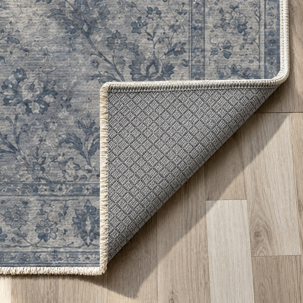 Kerman Cloud Slate Blue Vintage Washable Rug — backing close up