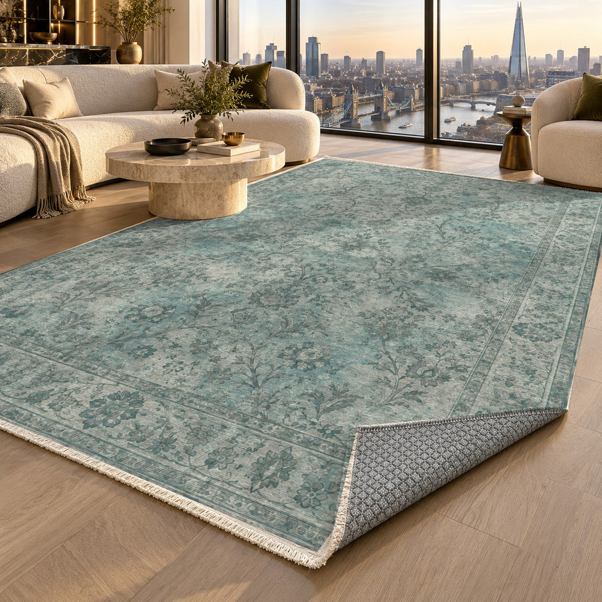 Kerman Cloud Turquoise Blue Vintage Washable Rug — london luxury living