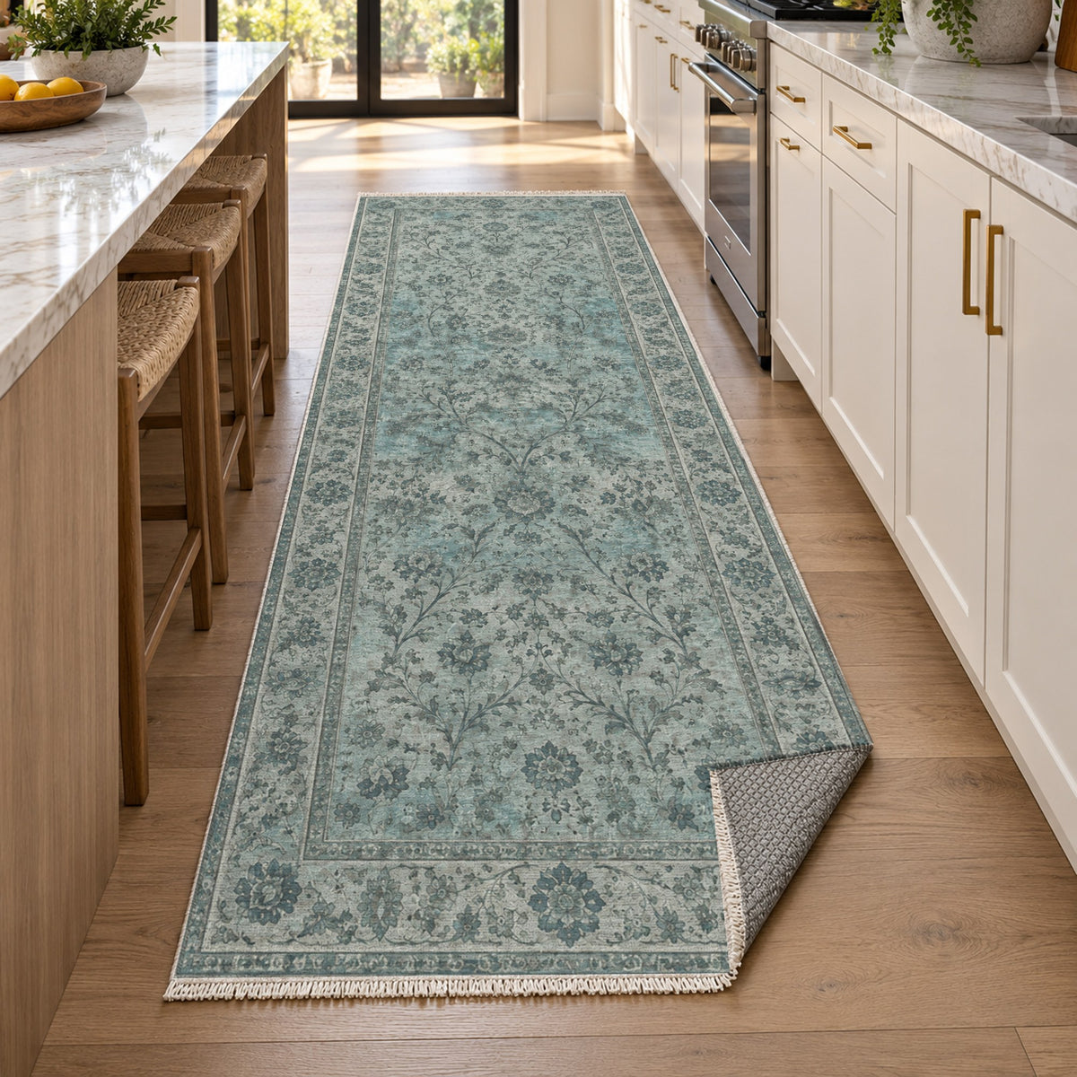 Kerman Cloud Turquoise Blue Vintage Washable Rug — new york kitchen runner